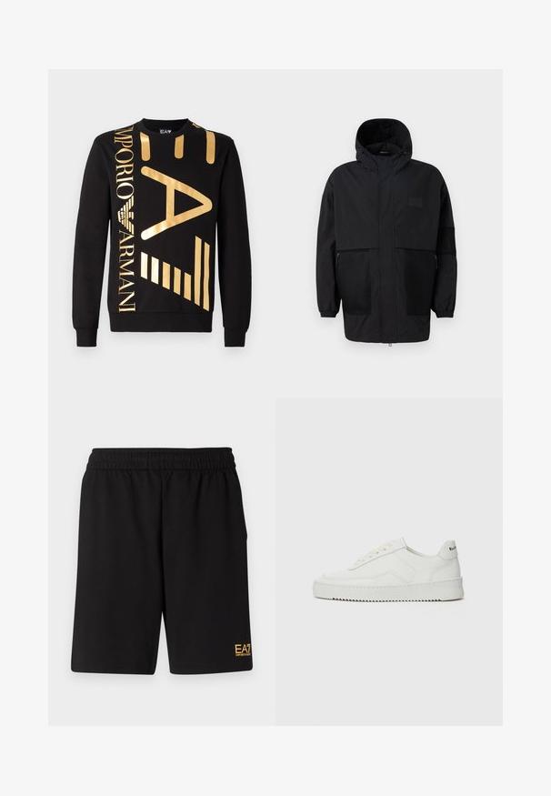 Μαύρο φούτερ τζάκετ από ελαφρύ ύφασμα, με πλέγμα, μπροστινό φερμουάρ και ελαστικούς καρπούς για ρυθμιζόμενη εφαρμογή.; Μαύρη φούτερ μπλούζα από βαμβάκι με μεγάλη χρυσή επωνυμία και γραφικά στοιχεία, συμπεριλαμβανομένων ρίγων και λογότυπου αετού, με ελαστικές μανσέτες.; Μαύρες αθλητικές βερμούδες από μαλακό ύφασμα, με ελαστική μέση και μικρό λογότυπο EA7 στο κάτω αριστερό πόδι.; Λευκό δερμάτινο sneakers με λείο φινίρισμα, στρογγυλή μύτη, επίπεδα κορδόνια και υφή στην σόλα. Φέρει μια διακριτική λογότυπο στη φτέρνα.