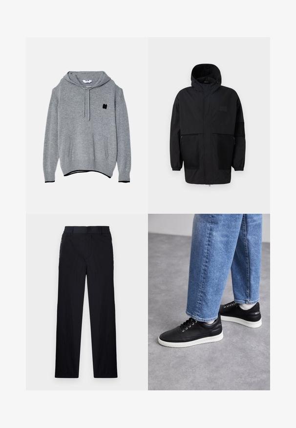Veste à capuche noire en tissu léger, dotée de panneaux en mesh, d'une fermeture éclair à l'avant et de poignets élastiques pour un ajustement réglable.; Haut à capuche en tricot gris avec une poche avant, un capuchon à cordon de serrage, un logo noir brodé sur la poitrine et des poignets et un ourlet côtelés.; Pantalon noir en tissu léger et texturé, avec une coupe droite, une taille élastique et des poches zippées sur les côtés.; Baskets en cuir noir avec semelles en caoutchouc blanc, dotées de lacets ronds, d'une surface lisse et d'un logo discret sur le talon. Portées avec un jean bleu.