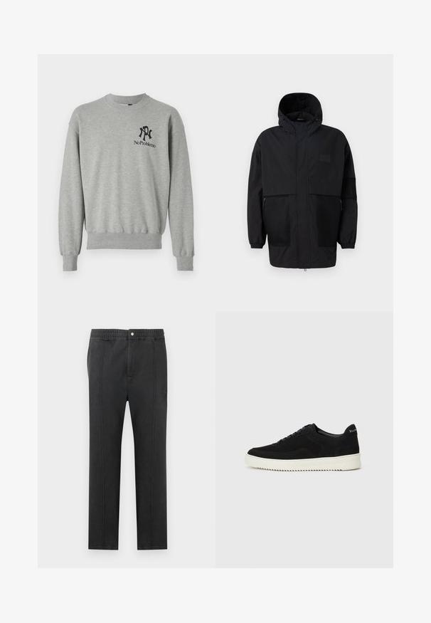 Črna kapuča jakna iz lahkega materiala, ki ima mrežaste panele, sprednje zadrgo in elastične manšete za prilagodljiv fit.; Siv sweatshirt z okroglim izrezom, z ribanimi manšetami in robom. Ima črne grafike: "R" in "No Problemo" na levi strani prsnega dela.; Črne hlače z elastičnim pasom, ravnim sprednjim delom, dvema stranskima žepoma in dekorativnimi šivi. Brez vidnih vzorcev ali kovinskih detajlov.; Črni semiš teniški copati z vezalkami in kontrastnim belim gumijastim podplatom. Imajo teksturirane stranske panele in subtilno oznako na peti.