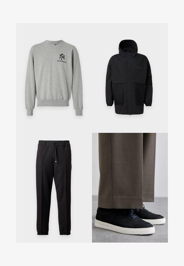 Melnā kapučjaka, kas izgatavota no viegla auduma, ar acs paneļiem, priekšējo rāvējslēdzēju un elastīgām aprocēm, kas nodrošina regulējamu piegulšanu.; Pelēks sporta krekls ar apaļu kakla izgriezumu, ribota aproce un apakša. Ar melniem grafikiem: "R" un "No Problemo" kreisajā krūšu daļā.; Melni bikses ar jostu, staipāmu un elastīgām aprocēm. Ar krokām un gludu, teksturētu audumu.; Melni zamšaini sporta apavi ar baltām gumijas zolēm, ar noapaļotu purngalu un auklām, valkāti ar pelēkiem piegrieztiem biksēm.