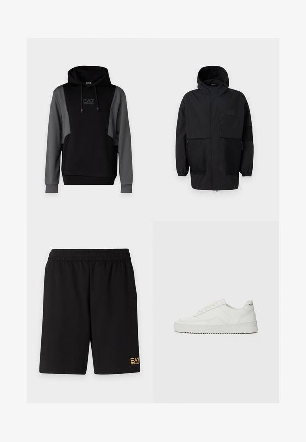 Giacca nera con cappuccio realizzata in tessuto leggero, con pannelli in rete, zip frontale e polsini elasticizzati per una vestibilità regolabile.; EA7 Emporio Armani FELPA - Felpa - black; Pantaloni sportivi neri realizzati in tessuto morbido, con vita elastica e un piccolo logo EA7 giallo sulla parte bassa della gamba sinistra.; Sneaker in pelle bianca con una finitura liscia, punta rotonda, lacci piatti e suola testurizzata. Presenta un logo discreto sul tallone.