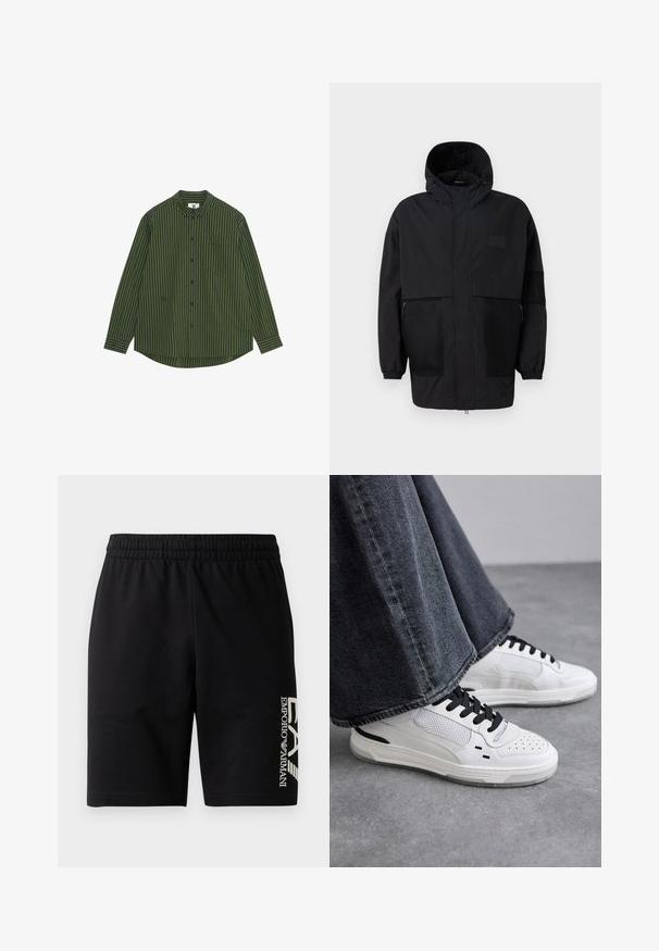 Melnā kapučjaka, kas izgatavota no viegla auduma, ar acs paneļiem, priekšējo rāvējslēdzēju un elastīgām aprocēm, kas nodrošina regulējamu piegulšanu.; Tumši zaļš un tumši zils nokrišņu vertikālu svītru krekls ar garām piedurknēm, ar pogājamu apkakli, kabatu kreisajā krūtī un izliekta apakšmala.; EA7 Emporio Armani TRAIN VISIBILITY - Šorti - black/cream; Baltas sneakers ar melnām auklām un sieta detaļām. Iekļauj gludu ādas virsu un strukturētu gumijas zoli. Pāris ar platām pelēkām džinsām.