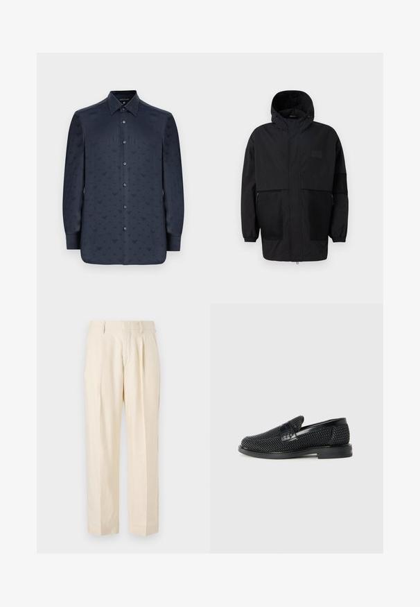 Czarna kurtka z kapturem, wykonana z lekkiego materiału, z siateczkowymi panelami, z zamek błyskawicznym z przodu oraz elastycznymi mankietami dla regulowanego dopasowania.; Granatowa koszula z długim rękawem na guziki, z teksturowanym wzorem małych liter V w całej powierzchni, wykonana z gładkiego materiału.; NN.07 KAY mleczny; Czarny, pleciony but wsuwany z gładkim skórzanym akcentem na cholewce, o okrągłym nosku i niskoprofilowej gumowej podeszwie.