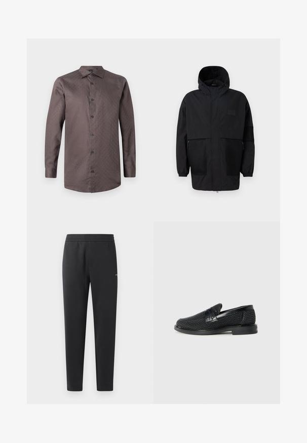 Czarna kurtka z kapturem, wykonana z lekkiego materiału, z siateczkowymi panelami, z zamek błyskawicznym z przodu oraz elastycznymi mankietami dla regulowanego dopasowania.; Brązowa koszula z długim rękawem zapinana na guziki, z delikatnym wzorem. Posiada standardowy kołnierzyk i czarne guziki, wykonana z gładkiego materiału.; Czarne spodnie dresowe z miękkiego materiału, z elastycznym paskiem, prostymi nogawkami oraz małym logo z boku.; Czarny, pleciony but wsuwany z gładkim skórzanym akcentem na cholewce, o okrągłym nosku i niskoprofilowej gumowej podeszwie.