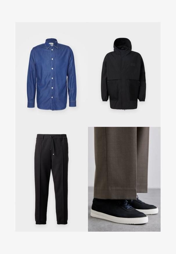 Svart hettejakke laget av lettvektig stoff, med mesh-paneler, en front glidelås og elastiske mansjetter for justerbar passform.; Jeansskjorte i mørk blå, lange ermer, knappestolpe foran med hvite knapper, klassisk krage, og synlige sømmer på sømmene.; Sorte bukser med liv, snor og elastiske mansjetter. Har plisséer og et glatt, teksturert stoff.; Svarte suedeglans sneakers med hvite gummisåler, med rund tå og lisser, iført grå skreddersydde bukser.