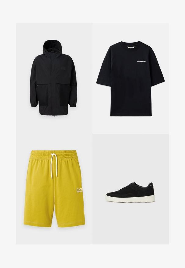 Črna kapuča jakna iz lahkega materiala, ki ima mrežaste panele, sprednje zadrgo in elastične manšete za prilagodljiv fit.; Črna bombažna majica s kratkimi rokavi, okroglim izrezom in majhnim belim logotipom "HOLZWEILER" na sprednji strani, ki se ponaša s ohlapnim krojem.; Rumene kratke hlače iz mehkega materiala, z elastičnim pasom in belim vrvico, ter majhnim belim logotipom, natisnjenim na strani.; Črni semiš teniški copati z vezalkami in kontrastnim belim gumijastim podplatom. Imajo teksturirane stranske panele in subtilno oznako na peti.