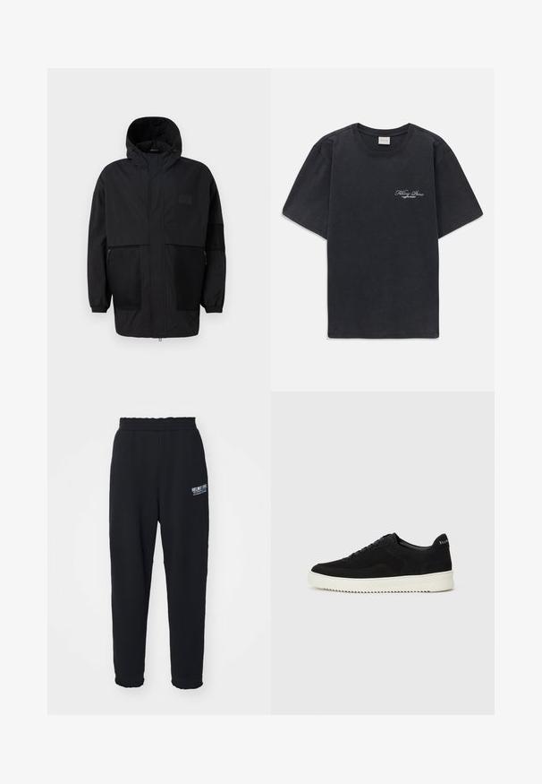 Black hooded jacket made from lightweight fabric, featuring mesh panels, a front zipper, and elastic cuffs for adjustable fit.; Black short-sleeve crew neck t-shirt with small white "Filling Pieces" text logo on the left chest.; Black sweatpants made of soft fabric, featuring a stretchy waistband, tapered legs, and a small white logo on the left side.; Black suede sneaker with lace-up design and contrasting white rubber sole. Features textured side panels and subtle branding on the heel.