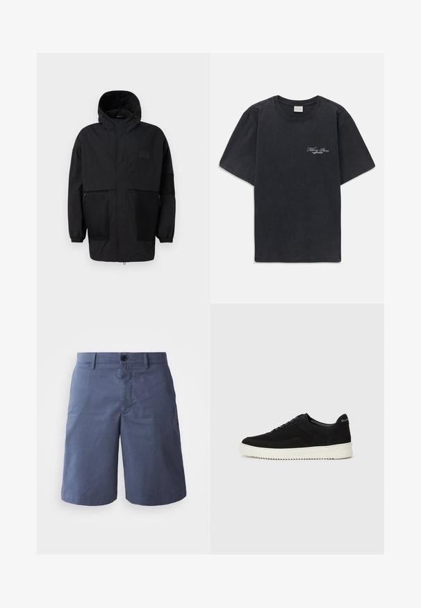 Μαύρο φούτερ τζάκετ από ελαφρύ ύφασμα, με πλέγμα, μπροστινό φερμουάρ και ελαστικούς καρπούς για ρυθμιζόμενη εφαρμογή.; Μαύρο κοντό μανίκι μπλουζάκι με λαιμόκοψη τύπου crew με λευκό λογότυπο "Filling Pieces" στο αριστερό στήθος.; Σκούρο μπλε βαμβακερές σορτς με επίπεδο μπροστινό μέρος, κλείσιμο με ένα κουμπί, δύο πλαϊνές τσέπες και ίσια γραμμή. Λείο ύφασμα, χωρίς ορατά σχέδια.; Μαύρο σουέτ αθλητικό παπούτσι με σχέδιο κορδονιών και λευκή λαστιχένια σόλα σε αντίθεση. Διαθέτει υφαντές πλαϊνές πάνελ και διακριτική σήμανση στην φτέρνα.