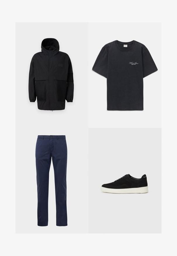 Fekete kapucnis dzseki, könnyű anyagból készült, hálós panelek, elülső cipzár és állítható illeszkedést biztosító rugalmas mandzsetták jellemzik.; Fekete, rövid ujjú, kerek nyakú póló, bal mellen kis fehér "Filling Pieces" szöveges logóval.; Sötétkék egyenes szabású nadrág gombbal és cipzárral, övbújtatókkal és oldalsó zsebekkel, fehér háttéren bemutatva.; Fekete velúr sportcipő fűzős dizájnnal és kontrasztos fehér gumitalppal. Jellemzői a textúrázott oldalpanelek és a diszkrét logó a sarokon.