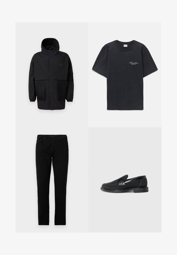 Chaqueta negra con capucha hecha de un tejido ligero, con paneles de malla, cremallera frontal y puños elásticos para un ajuste ajustable.; Camisa de tirantes negra con cuello redondo y logo pequeño en blanco de "Filling Pieces" en el lado izquierdo del pecho.; Vaqueros de mezclilla negra con corte recto, que disponen de cierre de botón, cinco bolsillos y acentos de costura a lo largo de las costuras.; Zapato negro de tejido con un acento de cuero suave en la parte superior, diseño de punta redonda y suela de goma de perfil bajo.