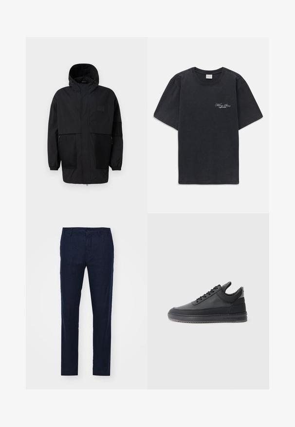 Črna kapuča jakna iz lahkega materiala, ki ima mrežaste panele, sprednje zadrgo in elastične manšete za prilagodljiv fit.; Črna majica s kratkimi rokavi in okroglo ovratnikom, z majhnim belim logotipom "Filling Pieces" na levi strani prsnega dela.; NN.07 THEO - Hlače - dark blue; Črne usnjene superge z teksturirano površino, s sistemom vezanja, nizkim zgornjim delom in sivo gumijasto podplato, ki ima rebrast rob.