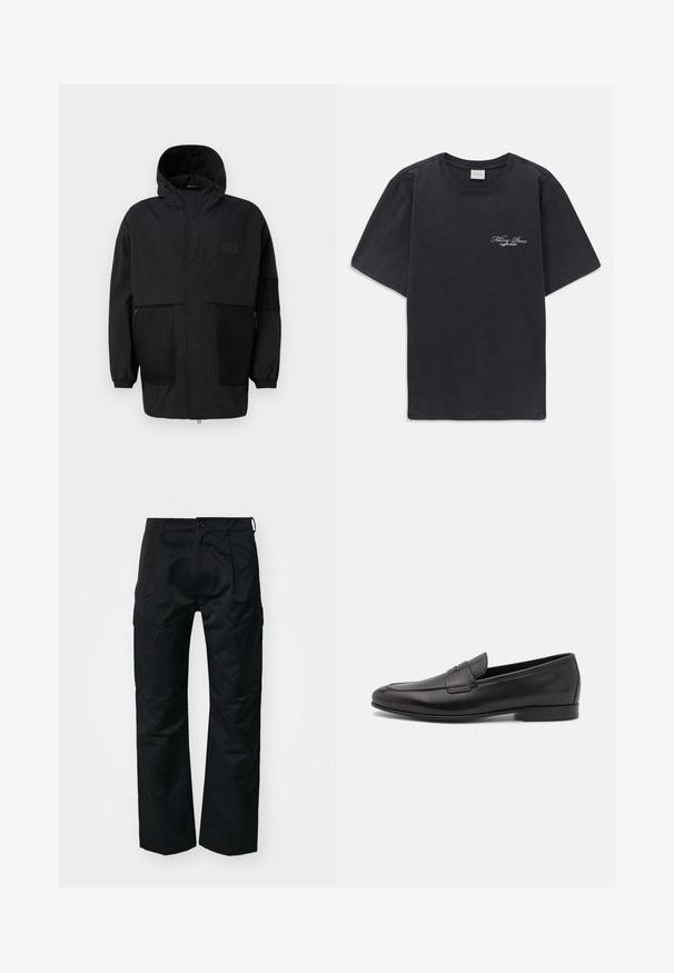 Černá kapucňová bunda vyrobená z lehké tkaniny, s síťovinovými panely, předním zipem a elastickými manžetami pro nastavitelné přizpůsobení.; Černé tričko s krátkým rukávem a kulatým výstřihem s malým bílým logem "Filling Pieces" na levé hrudi.; Černé cargo kalhoty s hladkým povrchem, které mají boční kapsy, zapínání na knoflíky a uvolněný střih.; Černé kožené pánské mokasíny s nízkým podpatkem a klasickým designem se sponou, zobrazené v bočním profilu na bílém pozadí.