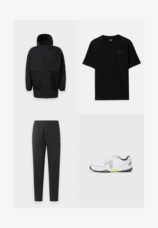 Juodas gobtuvu džemperis, pagamintas iš lengvo audinio, turi tinklinės juosteles, priekinį užtrauktuką ir elastingus rankogalius, leidžiančius pritaikyti dydį.; Juoda medvilninė marškinėliai trumpomis rankovėmis, su subtiliu logotipu krūtinėje ir tekstūruotais akcentais ant pečių. Klasikinis fasonas.; Juodos sportinės kelnės, pagamintos iš minkštos medžiagos, su elastinga juosmeniu, tiesiomis kojomis ir nedideliu logotipo akcentu šone.; Balti sportiniai batai su juodais akcentais ir pilkais detalėmis. Yra tekstūruotas viršus, raišteliai ir ryškiai geltonas pado segmentas.