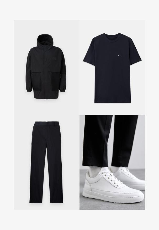 Svart hettejakke laget av lettvektig stoff, med mesh-paneler, en front glidelås og elastiske mansjetter for justerbar passform.; Mørkeblå bomull T-skjorte med korte ermer og rund hals. Har en liten hvit "A|X" logo på venstre bryst.; Sorte bukser med lett og teksturert stoff, rett ben-design, elastisk midjebånd og sidelommer med glidelås.; Hvite skinn-sneakers med flat gummi såle, med en glatt finish, rund tå og metalløye for snøring. Båret med svarte bukser.