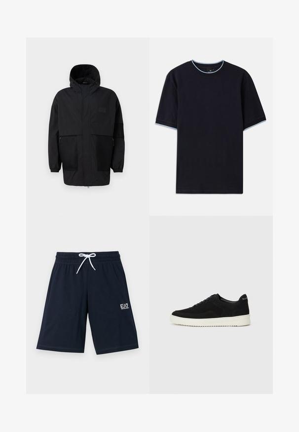 Black hooded jacket made from lightweight fabric, featuring mesh panels, a front zipper, and elastic cuffs for adjustable fit.; Dark blue short-sleeve t-shirt with a round neckline, featuring light blue accent at the collar and sleeves. Made of soft cotton fabric.; Navy blue shorts made of soft fabric with an elastic waistband and white drawstring. Features a small white logo on the lower left side.; Black suede sneaker with lace-up design and contrasting white rubber sole. Features textured side panels and subtle branding on the heel.