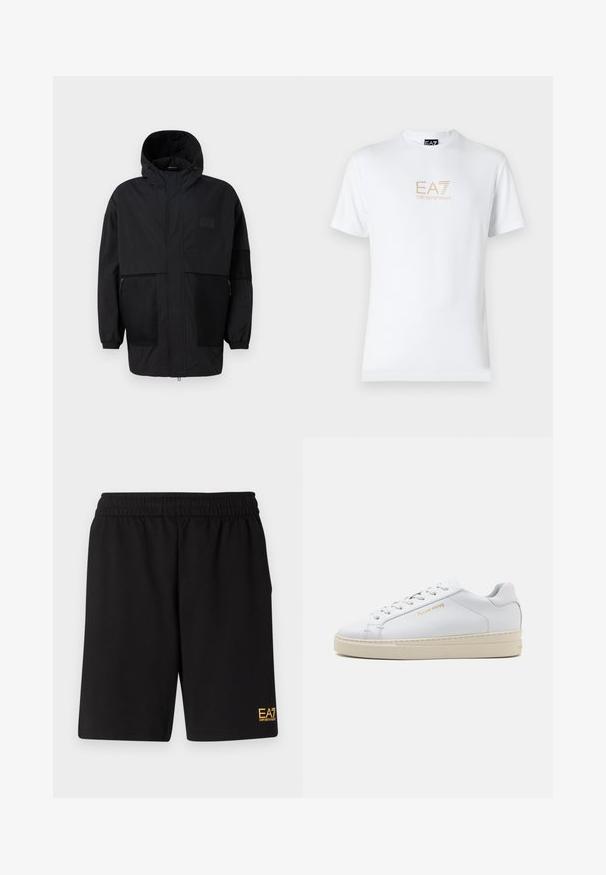Jachetă neagră cu glugă, realizată dintr-un material ușor, având panouri din plasă, fermoar frontal și manșete elastice pentru o ajustare confortabilă.; Tricou alb din bumbac, cu guler rotund și mâneci scurte, având un logo auriu EA7 Emporio Armani imprimat pe față.; Shorts atletici negri dintr-un material moale, având o talie elastică și un mic logo galben EA7 pe partea inferioară a piciorului stâng.; Sneaker alb din piele cu vârful rotund, șireturi plate și talpă din cauciuc crem. Prezintă un branding subtil în aur și o textură netedă.