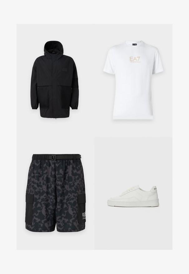 Musta huppari, joka on valmistettu kevyestä kankaasta, sisältäen verkkopaneeleja, etuvetoketjun ja joustavat hihansuut säädettävää istuvuutta varten.; Valkoinen puuvillapaita, jossa on pyöreä kaula-aukko ja lyhyet hihansuut. Paidassa on etupuolella kultainen EA7 Emporio Armani -logo.; Mustat shortsit tummalla kamokuviolla, joustava vyötärö, sivutaskut ja soljella varustettu vyö. Valmistettu kevyestä ja mukavasta materiaalista.; Valkoinen nahkakenkä, jossa on sileä pinta, pyöreä kärki, tasaiset nauhat ja teksturoitu pohja. Sisältää huomaamattoman logon kantapäässä.
