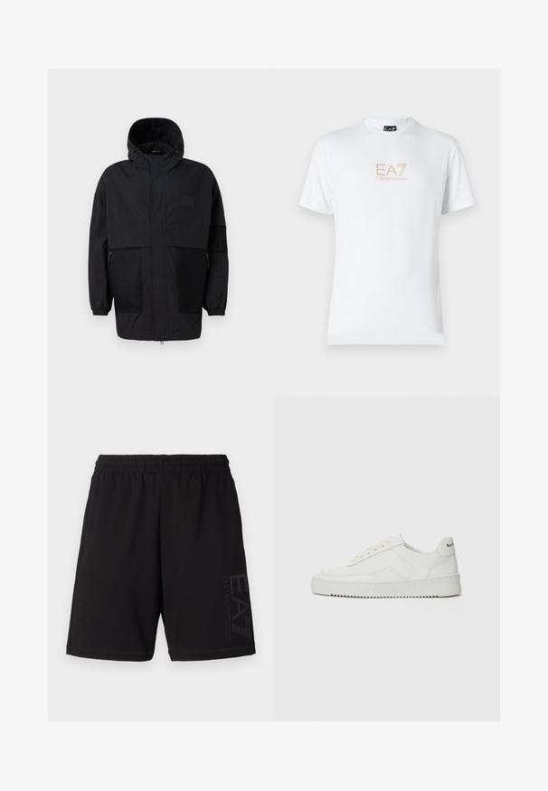 Μαύρο φούτερ τζάκετ από ελαφρύ ύφασμα, με πλέγμα, μπροστινό φερμουάρ και ελαστικούς καρπούς για ρυθμιζόμενη εφαρμογή.; Λευκό βαμβακερό t-shirt με στρογγυλή λαιμόκοψη και κοντά μανίκια, με χρυσό λογότυπο EA7 Emporio Armani τυπωμένο μπροστά.; Μαύρες αθλητικές σορτς από μείγμα βαμβακιού, με ελαστική μέση και μεγάλο, τονικό σχέδιο λογότυπου στην αριστερή πλευρά.; Λευκό δερμάτινο sneakers με λείο φινίρισμα, στρογγυλή μύτη, επίπεδα κορδόνια και υφή στην σόλα. Φέρει μια διακριτική λογότυπο στη φτέρνα.