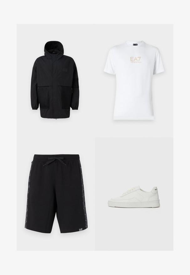 Czarna kurtka z kapturem, wykonana z lekkiego materiału, z siateczkowymi panelami, z zamek błyskawicznym z przodu oraz elastycznymi mankietami dla regulowanego dopasowania.; Biała bawełniana koszulka z okrągłym dekoltem i krótkimi rękawami, z nadrukowanym z przodu złotym logo EA7 Emporio Armani.; Czarne sportowe szorty wykonane z miękkiego materiału, z elastycznym pasem na sznurek i bocznymi panelami z powtarzającym się logo w ciemnoszarym kolorze.; Białe skórzane sneakersy o gładkim wykończeniu, okrągłym nosku, płaskich sznurówkach i teksturowanej podeszwie. Charakteryzują się delikatnym logo na pięcie.