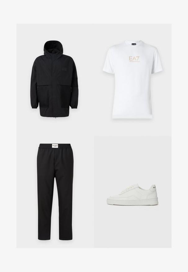 Zwarte capuchonjas gemaakt van lichtgewicht stof, met meshpanelen, een voorrits en elastische manchetten voor een verstelbare pasvorm.; Witte katoenen t-shirt met een ronde halslijn en korte mouwen, voorzien van een gouden EA7 Emporio Armani-logo op de voorkant.; Zwarte broek met een elastische tailleband. Gemaakt van een gladde, lichte stof. Heeft een rechte pijpontwerp en minimale details.; Witte leren sneaker met een gladde afwerking, ronde neus, platte veters en een gestructureerde zool. Kenmerkt zich door een subtiel logo op de hiel.