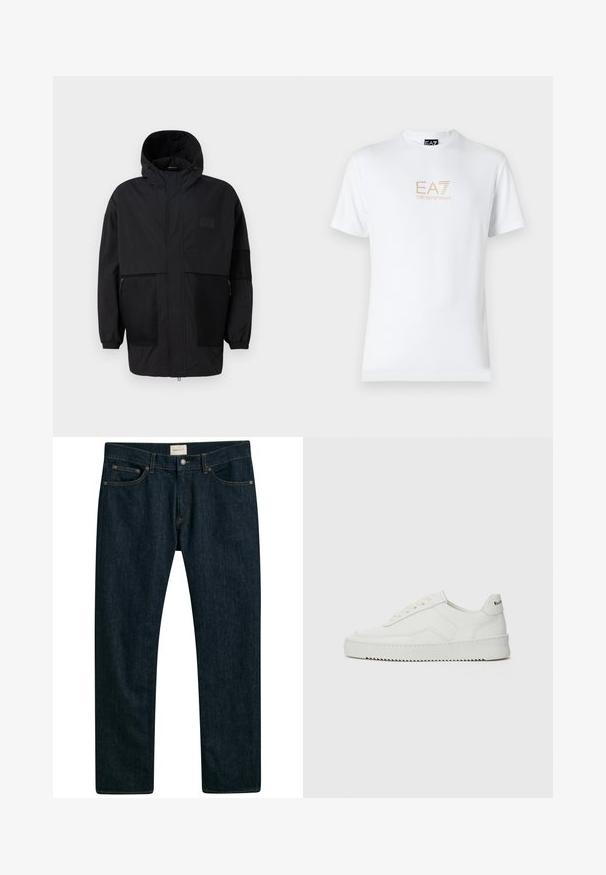 Jachetă neagră cu glugă, realizată dintr-un material ușor, având panouri din plasă, fermoar frontal și manșete elastice pentru o ajustare confortabilă.; Tricou alb din bumbac, cu guler rotund și mâneci scurte, având un logo auriu EA7 Emporio Armani imprimat pe față.; Jeans din denim albastru închis cu un design drept, stil de cinci buzunare și cusături contrastante pe cusături. Textură de țesătură netedă.; Sneakers din piele albă cu un finisaj neted, vârf rotund, șireturi plate și o talpă texturată. Prezintă un logo subtil pe călcâi.