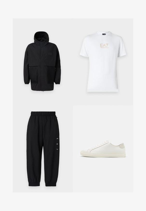 Čierna kapucňová bunda vyrobená z ľahkého materiálu, s priehľadnými panelmi, predným zipsom a elastickými manžetami pre nastaviteľné prispôsobenie.; Biela bavlnená tričko s okrúhlym výstrihom a krátkymi rukávmi, na prednej strane s potlačou zlatého loga EA7 Emporio Armani.; Čierne teplákové nohavice s elastickým pásom, manžetami na členkoch a bočnými vreckami. Na ľavom stehne je biele logo "EA7". Ľahký materiál.; Biele kožené tenisky s hladkým povrchom, okrúlym špičkou a minimalistickým dizajnom. Obsahujú béžové akcenty na päte a gumovú podrážku.