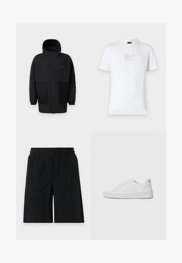 Czarna kurtka z kapturem, wykonana z lekkiego materiału, z siateczkowymi panelami, z zamek błyskawicznym z przodu oraz elastycznymi mankietami dla regulowanego dopasowania.; Biała bawełniana koszulka z okrągłym dekoltem i krótkimi rękawami, z nadrukowanym z przodu złotym logo EA7 Emporio Armani.; Czarne szorty z elastycznym pasem w talii, wykonane z teksturowanej tkaniny, o długości do kolan i z bocznymi kieszeniami.; Białe skórzane sneakersy o gładkim wykończeniu, okrągłym nosku, płaskich sznurówkach i teksturowanej podeszwie. Charakteryzują się delikatnym logo na pięcie.