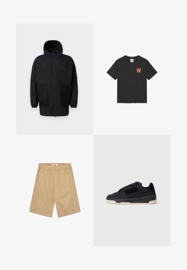 Musthave musta kapuutsiga jakk, mis on valmistatud kergest kangast, koos võrgupaneelide, ees oleva tõmbluku ja elastsete mansettidega kohandatava sobivuse jaoks.; Must alus T-särk, millel on lühikesed varrukad, ümmargune kaelus ja vasakul rinna kohal oranž "W" logo. Pehme ja siledat tekstuuri.; Beez värvi puuvillased lühikesed püksid elastse vöökohtadega, kahe külgtaskuga ja vabalt langeva lõikega. Kangas on õrnalt tekstureeritud.; Musta madal treeningjalats paksu beeži tallaga, seemis- ja nahapaneelidega ning ümmarguste mustade paeltega, näidatud vasakult küljeprofiilist.