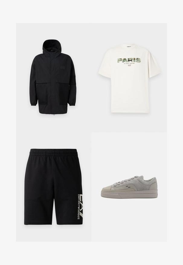 Fekete kapucnis dzseki, könnyű anyagból készült, hálós panelek, elülső cipzár és állítható illeszkedést biztosító rugalmas mandzsetták jellemzik.; Fehér pamut póló, amelyen egy nagy grafikai nyomtatás látható "PARIS" felirattal, kamuflázs mintában. Rövidujjú és kerek nyakú. Laza, kényelmes fazon.; EA7 Emporio Armani TRAIN VISIBILITY - Rövidnadrágok - black/cream; Filling Pieces RIVIERA - Sportcipő - light grey
