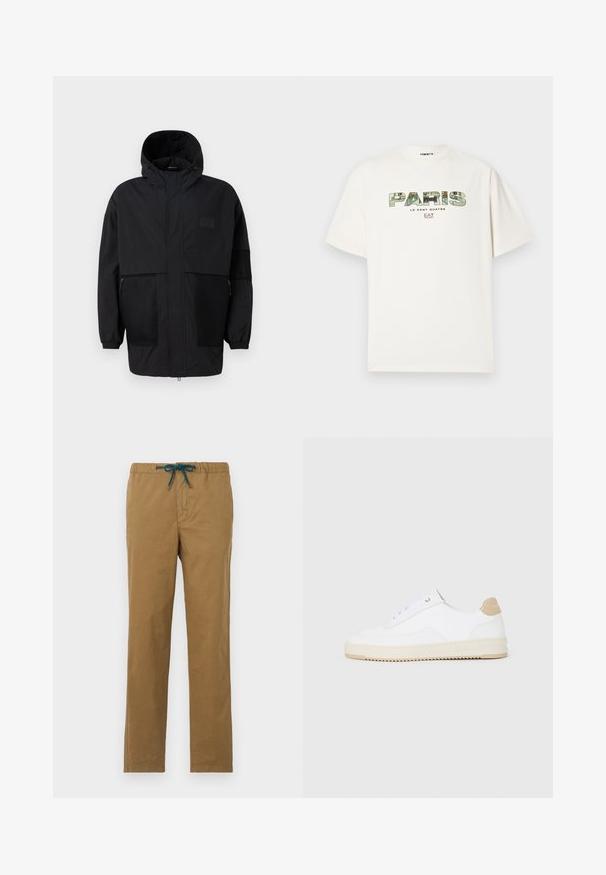 Veste à capuche noire en tissu léger, dotée de panneaux en mesh, d'une fermeture éclair à l'avant et de poignets élastiques pour un ajustement réglable.; T-shirt en coton blanc avec un grand imprimé graphique de "PARIS" dans un design camouflage. Manches courtes et col rond. Coupe décontractée et relax.; Pantalon en coton marron avec cordon de serrage à la taille en teal. Le design présente des jambes droites sans poches visibles ni embellissements.; Baskets basses blanches avec un dessus en cuir texturé, semelle crémée à stries, et accent de talon tan. Présente des lacets blancs et un logo sur le talon.