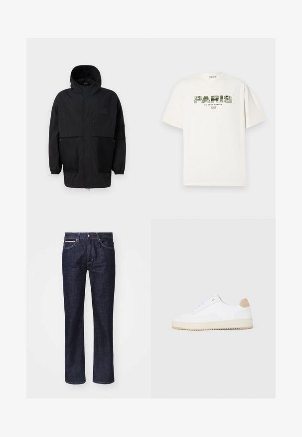 Giacca nera con cappuccio realizzata in tessuto leggero, con pannelli in rete, zip frontale e polsini elasticizzati per una vestibilità regolabile.; T-shirt bianca in cotone con una grande stampa grafica della parola "PARIS" in design camouflage. Maniche corte e scollatura rotonda. Taglio casual e rilassato.; Jeans in denim blu scuro con una vestibilità dritta, cuciture a contrasto sottili, cinque tasche e chiusura con bottone in vita.; Sneaker bianche basse in pelle testurizzata, con suola rigata color crema e dettagli sul tallone color marrone chiaro. Presentano lacci bianchi e un logo sul tallone.