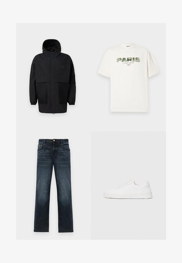 Svart hettejakke laget av lettvektig stoff, med mesh-paneler, en front glidelås og elastiske mansjetter for justerbar passform.; Hvit bomull t-skjorte med et stort grafisk trykk av "PARIS" i kamuflasje-design. Korte ermer og rund hals. Sjekk, avslappet passform.; Mørkeblå jeans i denim med rett benkutt, med knappestolpe foran, fem lommer og en subtil falmet mønster på lårene.; Hvit sneaker med en glatt skinnoverdel, avrundet tå, snøring, teksturerte sideakenter og en tykkgummisåle. Minimalistisk design.