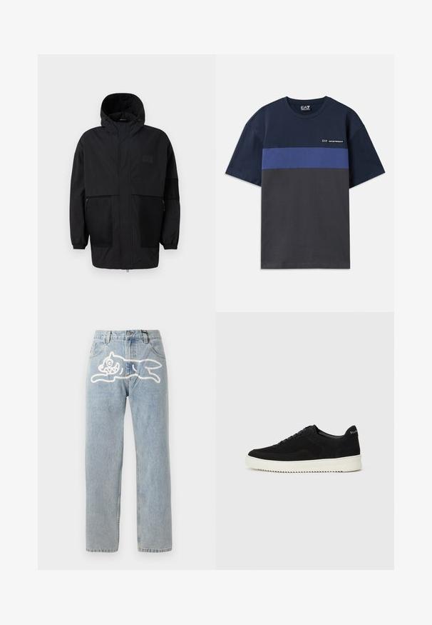 Melnā kapučjaka, kas izgatavota no viegla auduma, ar acs paneļiem, priekšējo rāvējslēdzēju un elastīgām aprocēm, kas nodrošina regulējamu piegulšanu.; Džemperis ar īsām piedurknēm, tumši zilā krāsā, ar horizontālu zilu strīpu un pelēkā lieluma apakšdaļu. Ar mazu logotipu augšējā kreisajā stūrī.; Gai zila džinsu bikses ar taisnu griezumu, aizmugurē ar lielu balto kaķa grafiku. Klasisks piecu kabatu dizains.; Melnas zamšas kedas ar auklām un kontrastējošu baltu gumijas zoli. Iekļauj teksturētas sānu panēles un diskretu zīmolu uz papēža.