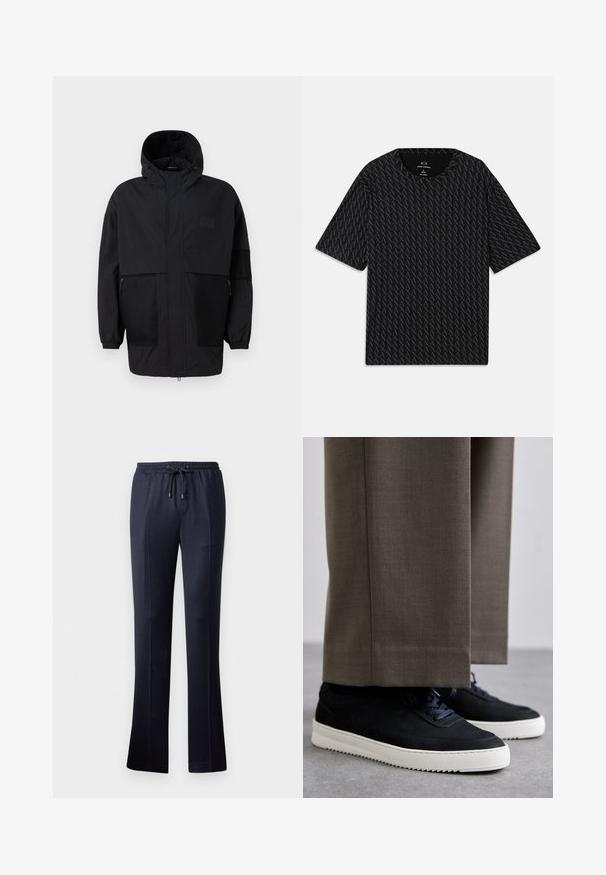 Musthave musta kapuutsiga jakk, mis on valmistatud kergest kangast, koos võrgupaneelide, ees oleva tõmbluku ja elastsete mansettidega kohandatava sobivuse jaoks.; Must mustläbiga T-särk, millel on tekstuurne muster vahelduvate 'A' logodega, lühikeste varrukatega ja ümar kaelus. Valmistatud kergest kangast.; Tumed laiad püksid, mis on valmistatud pehmest kangast, millel on elastne vöökoht ja nöör. Omavad siledat tekstuuri ja ei oma silmnähtavaid mustreid.; Mustad suleed sneakers valge kummist tallaga, ümarate varvaste ja paeltega, kantud hallide ülikonna pükste kõrval.