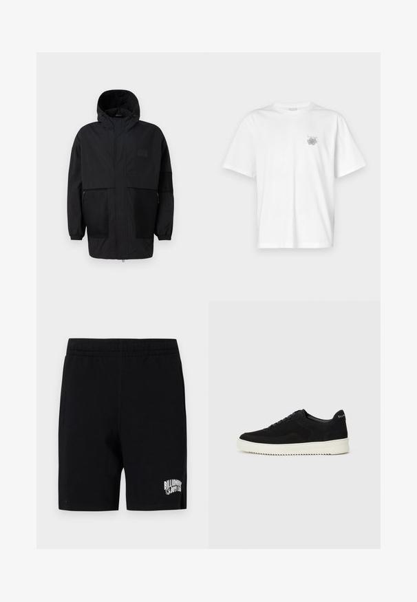 Černá kapucňová bunda vyrobená z lehké tkaniny, s síťovinovými panely, předním zipem a elastickými manžetami pro nastavitelné přizpůsobení.; Bílá bavlněná trička s krátkým rukávem, kulatým výstřihem a malým šedým logem na levé části hrudi. Hladká textura.; Černé šortky z měkké bavlněné směsi s elastickým pasem, se bílým logem na levé nohavici a bočními kapsami.; Černé semišové tenisky s krajkovým designem a kontrastní bílou gumovou podrážkou. Obsahují texturované boční panely a jemné branding na patě.
