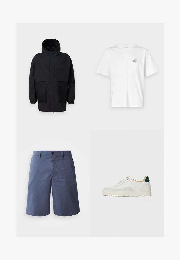 Black hooded jacket made from lightweight fabric, featuring mesh panels, a front zipper, and elastic cuffs for adjustable fit.; White t-shirt made of cotton featuring short sleeves, a crew neck, and a small gray logo on the left chest area. Smooth texture.; Navy blue cotton shorts with a flat front, single button closure, two side pockets, and a straight leg cut. Smooth texture, no visible patterns.; White sneaker with suede accents, rounded toe, flat laces, and a cream rubber sole. Features green branding on the heel.