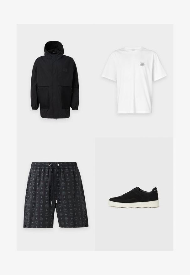 Fekete kapucnis dzseki, könnyű anyagból készült, hálós panelek, elülső cipzár és állítható illeszkedést biztosító rugalmas mandzsetták jellemzik.; Fehér pamut póló rövid ujjakkal, kerek nyakkal, és egy kis szürke logóval a bal mellrészen. Sima tapintású.; Fekete úszóshort, amely ismétlődő logómintázattal és gyémántformákkal rendelkezik. Könnyű anyagból készült, rugalmas derékkal és húzózsinórral.; Fekete velúr sportcipő fűzős dizájnnal és kontrasztos fehér gumitalppal. Jellemzői a textúrázott oldalpanelek és a diszkrét logó a sarokon.