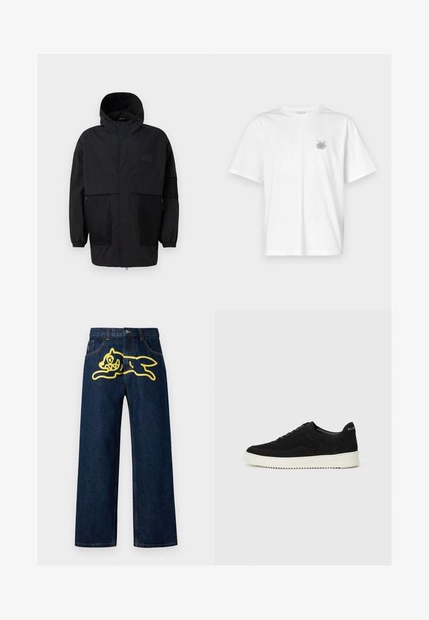 Melnā kapučjaka, kas izgatavota no viegla auduma, ar acs paneļiem, priekšējo rāvējslēdzēju un elastīgām aprocēm, kas nodrošina regulējamu piegulšanu.; Baltas kokvilnas T-krekls ar īsām piedurknēm, apaļu dekoltē un mazu pelēku logo kreisajā krūšu daļā. Gluda tekstūra.; Tumši zili džinsi ar lielu dzeltenu grafiku, kas attēlo lecošu personāžu aizmugurējā kabatā. Taisnas kājas dizains ar standarta šuvēm.; Melnas zamšas kedas ar auklām un kontrastējošu baltu gumijas zoli. Iekļauj teksturētas sānu panēles un diskretu zīmolu uz papēža.