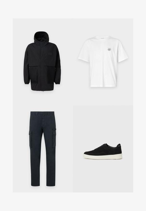 Μαύρο φούτερ τζάκετ από ελαφρύ ύφασμα, με πλέγμα, μπροστινό φερμουάρ και ελαστικούς καρπούς για ρυθμιζόμενη εφαρμογή.; Λευκό μπλουζάκι από βαμβάκι με κοντά μανίκια, στρογγυλή λαιμόκοψη και μικρό γκρίζο λογότυπο στην αριστερή περιοχή του στήθους. Λείο υφασμά.; Cargo παντελόνια σε σκούρο ναυτικό μπλε, φτιαγμένα από βαμβάκι. Διαθέτουν δύο πλαϊνές τσέπες με καπάκια, φερμουάρ και ίσια κοπή. Λείος υφάσματος.; Μαύρο σουέτ αθλητικό παπούτσι με σχέδιο κορδονιών και λευκή λαστιχένια σόλα σε αντίθεση. Διαθέτει υφαντές πλαϊνές πάνελ και διακριτική σήμανση στην φτέρνα.