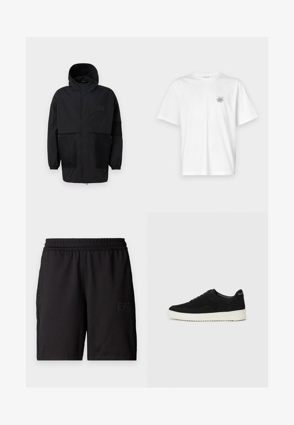 Svart hettejakke laget av lettvektig stoff, med mesh-paneler, en front glidelås og elastiske mansjetter for justerbar passform.; Hvit T-skjorte laget av bomull, med korte ermer, rund hals og en liten grå logo på venstre brystområde. Smooth tekstur.; Sorte treningsshorts laget av lett materiale, med elastisk midje og mesh-sidelapper. Merkevarelogo trykt på forsiden.; Svart semsket sneakers med snøring og kontrasterende hvit gummisåle. Har teksturerte sidepaneler og subtil merkevare på hælen.