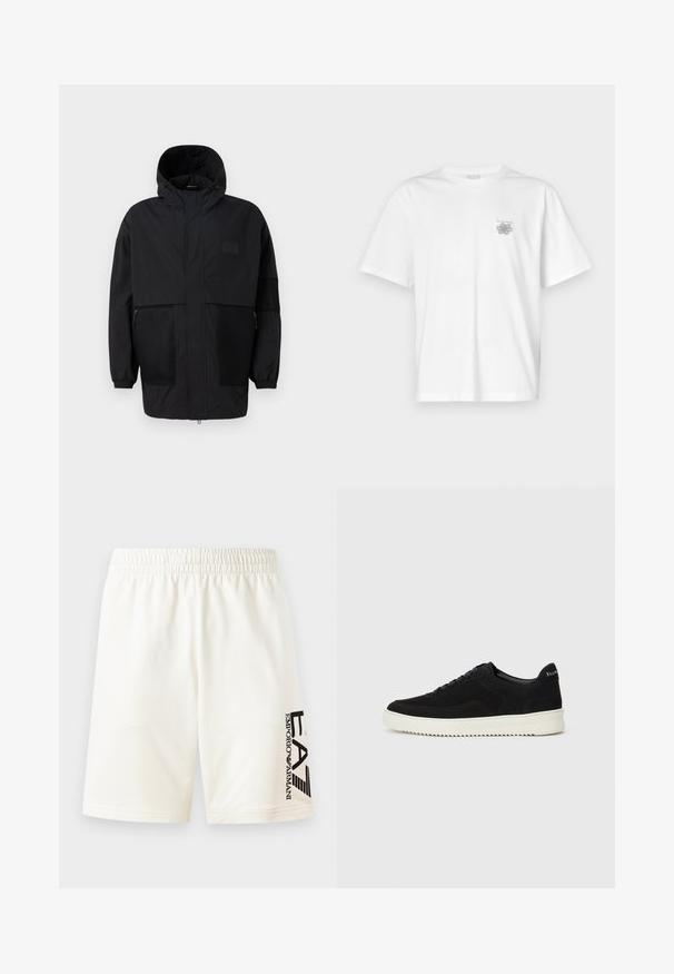 Crna kapuljača od laganog materijala, s mrežastim panelima, prednjim zatvaračem i elastičnim manžetama za prilagodljivu veličinu.; Bijela majica od pamuka s kratkim rukavima, okruglim izrezom i malim sivim logotipom na lijevoj strani prsnog područja. Glatka tekstura.; Bijele pamučne kratke hlače s elastičnim pojasom, s crnim logom otisnutim na lijevoj strani. Ravnog kroja bez vidljivih uzoraka.; Crne nubuk tenisice s vezanjem i kontrastnom bijelom gumenom potplatom. Imaju teksturirane bočne panele i suptilno brendiranje na peti.