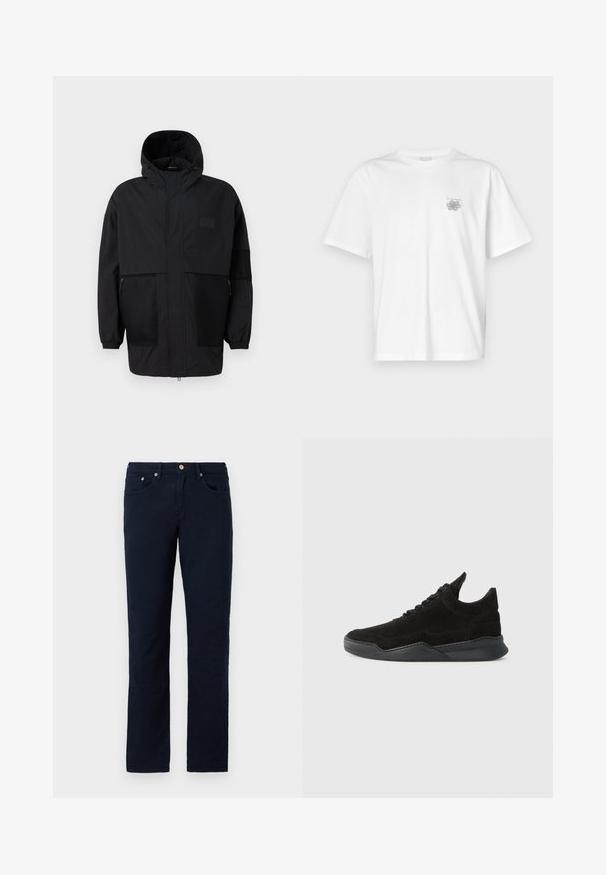 Casaco preto com capuz, feito de um tecido leve, apresentando painéis de malha, um fecho éclair frontal e punhos elásticos para um ajuste ajustável.; Camisa branca de algodão com mangas curtas, gola redonda e um pequeno logótipo cinza na área do peito esquerdo. Textura suave.; Calças de perna straight, de cor azul-marinho, feitas de tecido de algodão. Apresentam cinco bolsos, fecho com zíper e detalhes de costura mínimos. Textura suave.; Sapatilha de camurça preta com um perfil baixo, parte superior texturizada, atacadores planos e uma sola de borracha sólida com um ligeiro salto e design curvo.