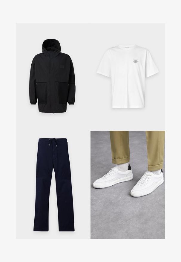 Schwarze Kapuzenjacke aus leichtem Stoff, mit Netzpaneelen, einem Frontreißverschluss und elastischen Bündchen für eine verstellbare Passform.; Weißes T-Shirt aus Baumwolle mit kurzen Ärmeln, Rundhalsausschnitt und kleinem grauen Logo auf der linken Brustseite. Glatte Textur.; Navyblaue Hose mit einem Kordelzugbund, geradem Schnitt und glatter Textur. Mit Seitentaschen und verstärkten Nähten.; Weiße Sneakers mit einer strukturierten Lederoberfläche, abgerundeter Zehenpartie und schwarzem Fersenakzent. Gummisohle mit kleinem Profilmuster und genähten Details.