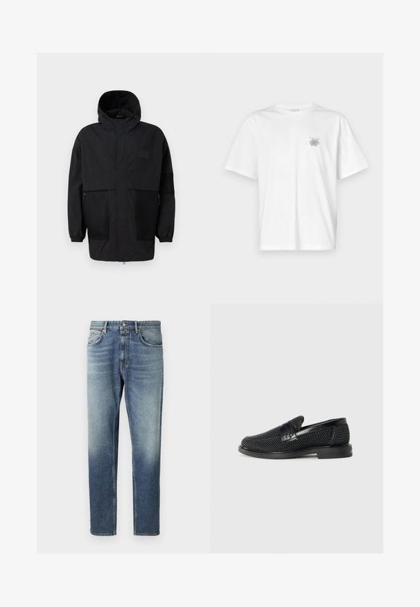 Jachetă neagră cu glugă, realizată dintr-un material ușor, având panouri din plasă, fermoar frontal și manșete elastice pentru o ajustare confortabilă.; Tricou alb din bumbac, cu mâneci scurte, guler rotund și un mic logo gri în zona stângă a pieptului. Textură netedă.; Jeans din denim albastru cu un design cu picior drept, ușor decolorate pe coapse, cinci buzunare și o închidere cu buton la talie.; Pantofii negri din material textil, cu accent din piele netedă pe partea superioară, design cu vârf rotund și talpă din cauciuc de profil redus.