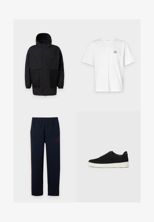 Melnā kapučjaka, kas izgatavota no viegla auduma, ar acs paneļiem, priekšējo rāvējslēdzēju un elastīgām aprocēm, kas nodrošina regulējamu piegulšanu.; Baltas kokvilnas T-krekls ar īsām piedurknēm, apaļu dekoltē un mazu pelēku logo kreisajā krūšu daļā. Gluda tekstūra.; Jūras flotei piederošas sporta bikses, kas izgatavotas no kokvilnas maisījuma ar elastīgu jostu. Iekļauts sarkans "Gymnasium" logo uz augšstilba un sānu oranžs svītra.; Melnas zamšas kedas ar auklām un kontrastējošu baltu gumijas zoli. Iekļauj teksturētas sānu panēles un diskretu zīmolu uz papēža.