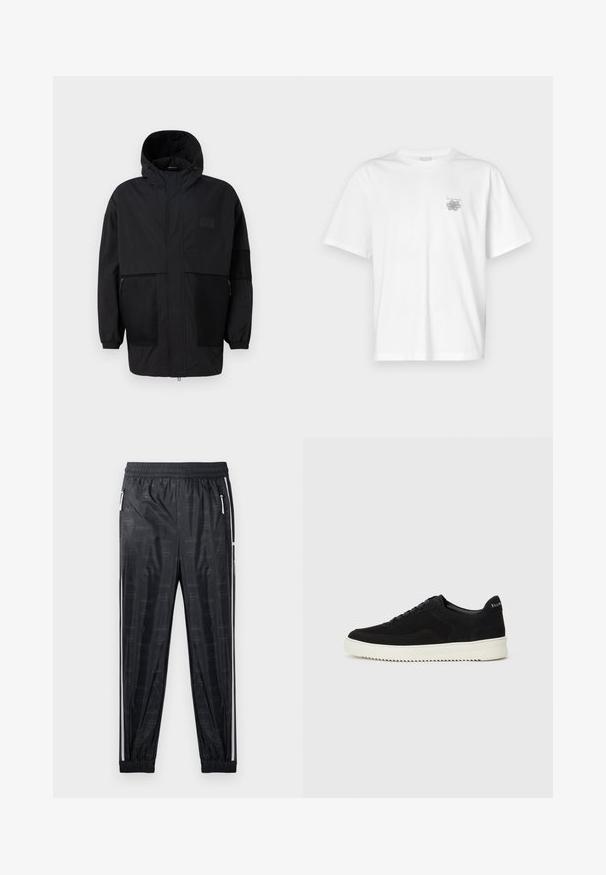 Black hooded jacket made from lightweight fabric, featuring mesh panels, a front zipper, and elastic cuffs for adjustable fit.; White t-shirt made of cotton featuring short sleeves, a crew neck, and a small gray logo on the left chest area. Smooth texture.; Black athletic pants with a glossy finish, featuring a subtle logo pattern, elastic waistband, and side zip pockets with white accents.; Black suede sneaker with lace-up design and contrasting white rubber sole. Features textured side panels and subtle branding on the heel.