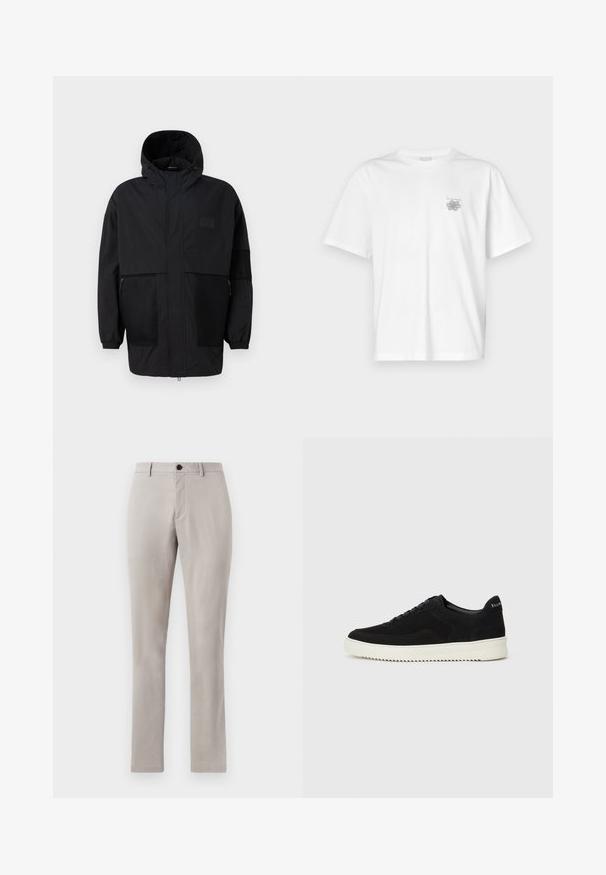 Schwarze Kapuzenjacke aus leichtem Stoff, mit Netzpaneelen, einem Frontreißverschluss und elastischen Bündchen für eine verstellbare Passform.; Weißes T-Shirt aus Baumwolle mit kurzen Ärmeln, Rundhalsausschnitt und kleinem grauen Logo auf der linken Brustseite. Glatte Textur.; Hellgraue, maßgeschneiderte Hose mit glatter Textur, mit Knopfverschluss und geradem Bein. Keine sichtbaren Taschen oder Muster.; Schwarze Wildleder-Sneaker mit Schnürdesign und kontrastierender weißer Gummisohle. Verfügt über strukturierte Seitenpaneele und dezentes Branding an der Ferse.