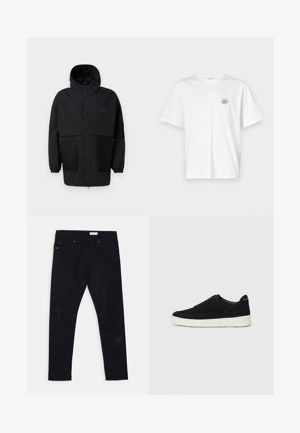 Jachetă neagră cu glugă, realizată dintr-un material ușor, având panouri din plasă, fermoar frontal și manșete elastice pentru o ajustare confortabilă.; Tricou alb din bumbac, cu mâneci scurte, guler rotund și un mic logo gri în zona stângă a pieptului. Textură netedă.; Jeans din denim negru, cu croi slim, design cu cinci buzunare și accesorii din metal. Include o etichetă din piele pe talia din spate.; Adidași negri din suede cu design cu șireturi și talpă din cauciuc alb contrastant. Prezintă panouri laterale texturate și branding subtil pe toc.