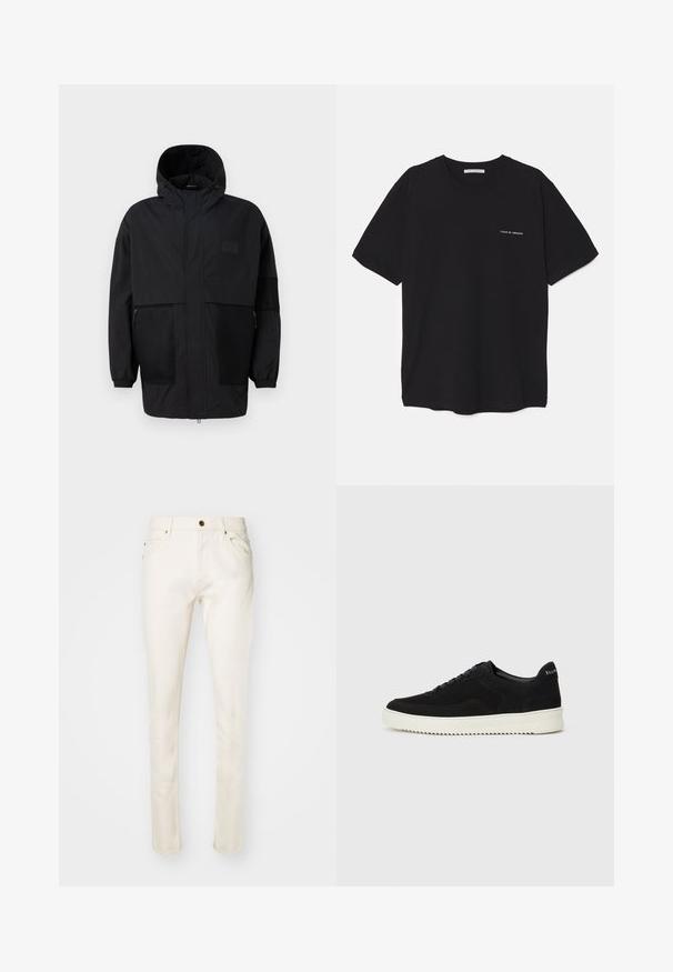 Fekete kapucnis dzseki, könnyű anyagból készült, hálós panelek, elülső cipzár és állítható illeszkedést biztosító rugalmas mandzsetták jellemzik.; Fekete pamut T-shirt kerek nyakkivágással, rövid ujjakkal, és fehér logónyomattal a bal mellrészen. Egyszerű, egyszínű dizájn.; Beige, slim fit, pamut farmernadrág, elöl gombbal, öt zsebbel és finom varrási részletekkel. Sima felület és szűkített lábszár.; Fekete velúr sportcipő fűzős dizájnnal és kontrasztos fehér gumitalppal. Jellemzői a textúrázott oldalpanelek és a diszkrét logó a sarokon.