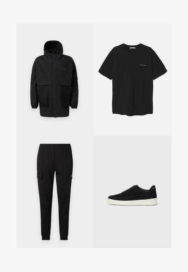 Musthave musta kapuutsiga jakk, mis on valmistatud kergest kangast, koos võrgupaneelide, ees oleva tõmbluku ja elastsete mansettidega kohandatava sobivuse jaoks.; Must musta T-särk, ümar kaelus, lühikesed varrukad ja valge logo trükk vasakul rinnal. Lihtne, ühtlane värvitoon.; Mustad mustadest särk, mis on valmistatud pehmest kangast, kitsenevate jalgade kujundusega ja kahe külge nõgesepocketiga, millel on üksildane logo.; Mustad suede jooksujalatsid, millel on paelad ja kontrastne valge kummitald. Omab tekstuuriga külgpaneele ja tagasihoidlikku brändimist kandadel.